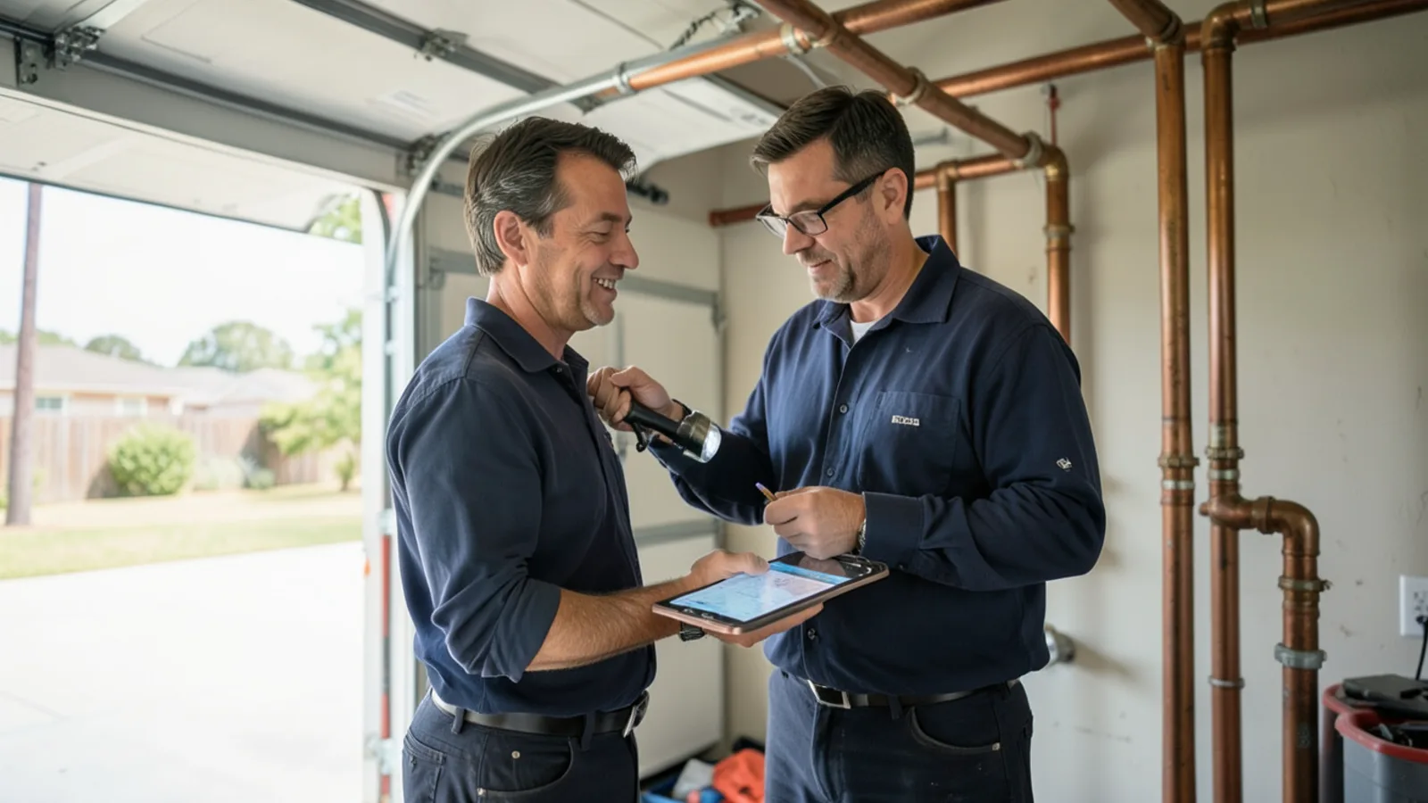Technician explaining water heater valve to homeowner in garage