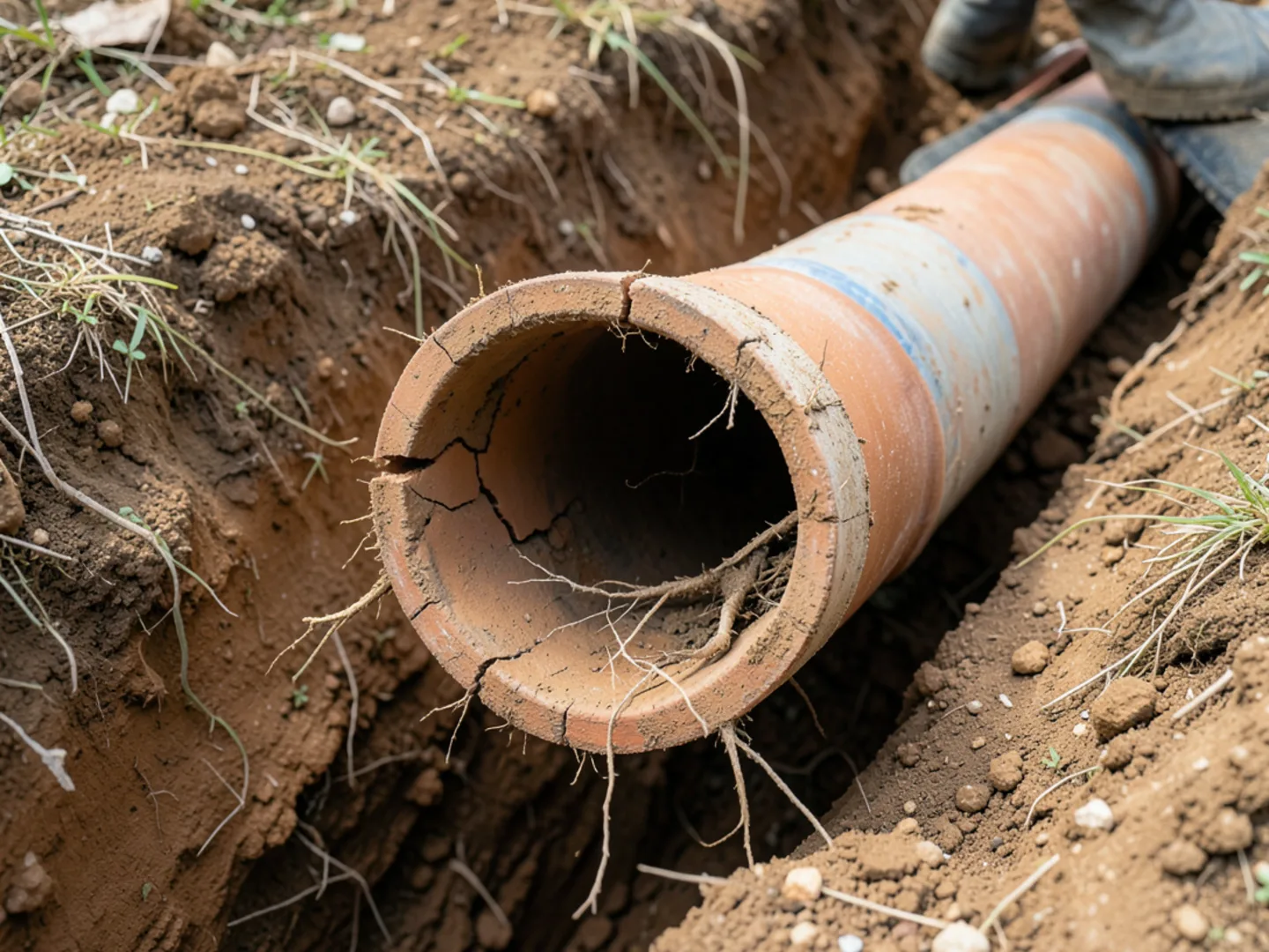 Cracked Clay Sewer Lateral Underground Defect - Sewer Line Repair