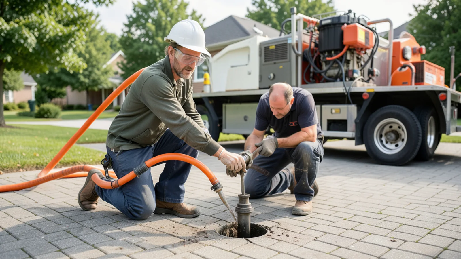 Plumbing service van and technician unloading equipment for service call